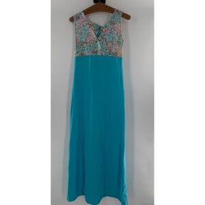Vintage Montgomery Ward Turquoise Floral Empire Waist Maxi Dress Sleeveless